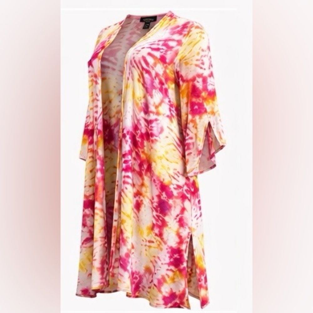 Torrid 1 (1X) Yellow Pink Tie Dye Long Duster Kimono Cardigan Starburst Print - Picture 3 of 8